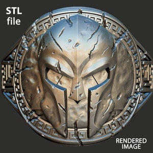 May include: A silver-colored, rendered image of a Spartan helmet, featuring a detailed design with battle damage. The helmet is surrounded by a decorative border with a Greek key pattern. The text "STL file" and "RENDERED IMAGE" are visible.
