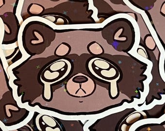 Sad Crying Raccoon Star Holographic 2.5 Inch Trash Panda Sticker