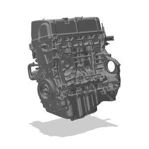 Könnte beinhalten: Ein dunkelgrauer Verbrennungsmotorblock mit einem markanten Ventildeckel an der Oberseite, einer kreisförmigen Kurbelwellenriemenscheibe an der unteren linken Seite und einer Ölwanne an der Basis, der verschiedene Befestigungspunkte aufweist.