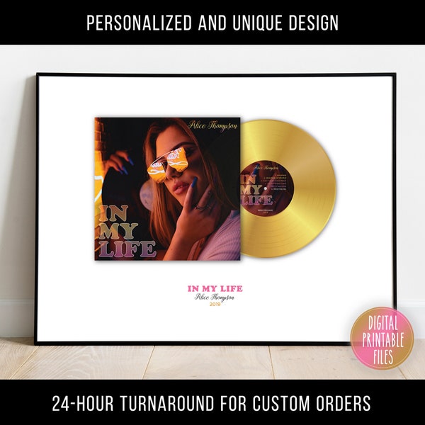 Your Music Gold LP Album Cover und Schallplatte Foto Poster, druckbar digital, Songwriter Musiker personalisiertes Geschenk, personalisiertes Druckdesign