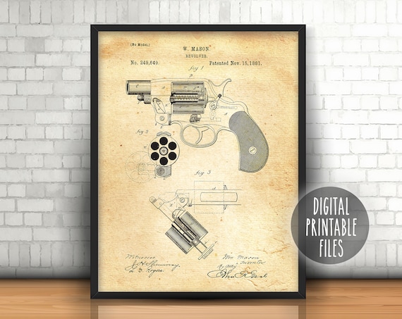 リボルバー・メイソン拳銃、ヴィンテージ特許図面ポスター、デジタル