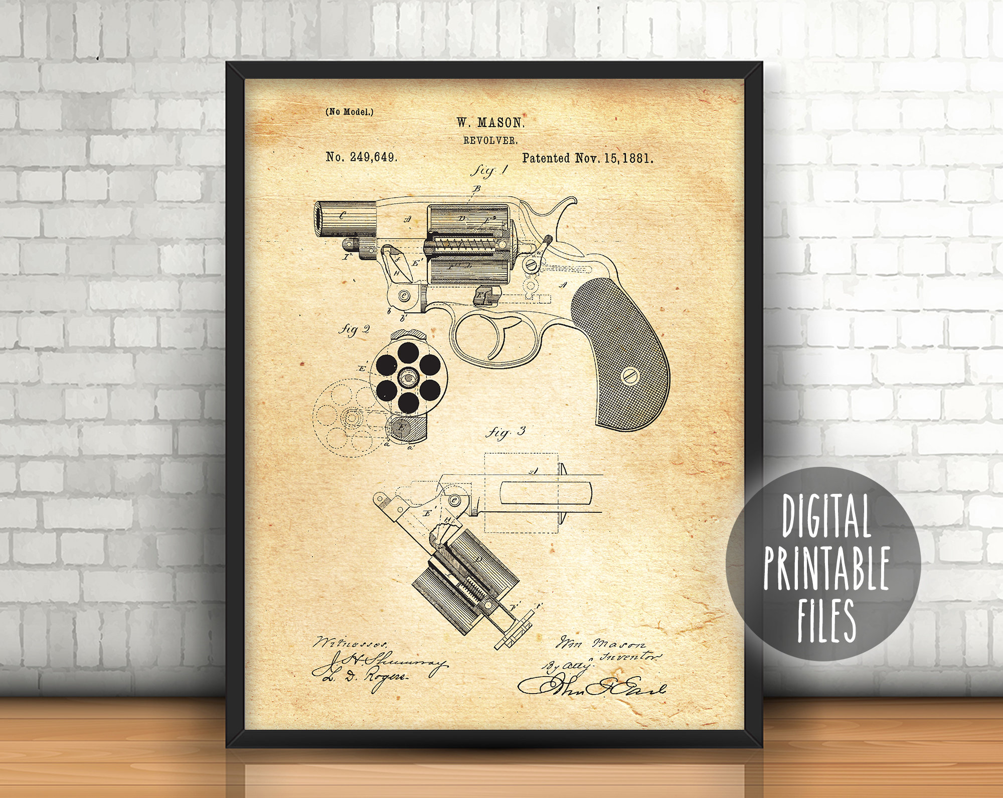 リボルバー・メイソン拳銃、ヴィンテージ特許図面ポスター、デジタル