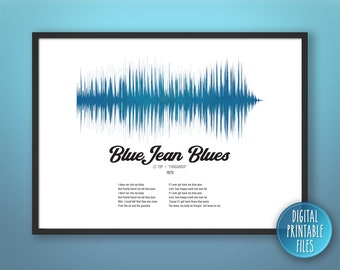 Blue Jean Blues, Custom Sound Wave & Lyrics art, Printable digital, Personalized Birthday print, Wedding Anniversary gift, Instant download