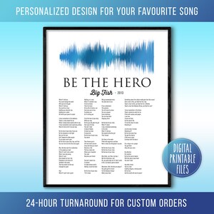 Puede incluir: Un archivo digital imprimible que presenta la letra de la canción "Be the Hero" de Big Fish, lanzada en 2013. La letra está impresa en texto negro sobre un fondo blanco. La parte superior de la imagen presenta un gráfico de onda sonora azul.