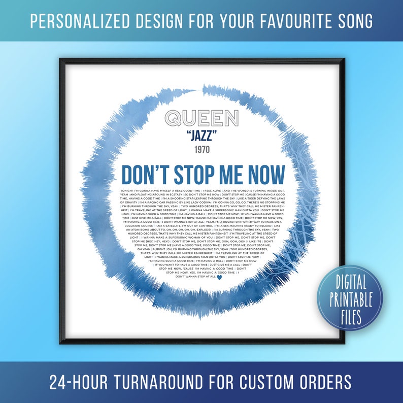 Don't Stop Me Now, Custom Radial Sound Wave and Lyrics Art, Printable Digital Poster, Favourite Song Print, Personalized Gift Poster for her image 1