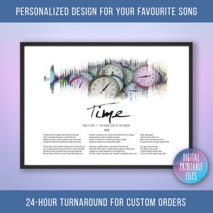 Time, Custom Sound Wave & Lyrics art, Printable digital, Instant download, Personalized Birthday music print, Favourite song gift for him