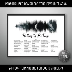 May include: A digital printable file of a song's waveform, with the song title "Rolling in the Deep" by Adele, and the lyrics printed below the waveform. The waveform is in black and white, and the background is white. The text "Digital Printable Files" is in the bottom right corner of the image.