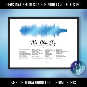 Mr. Blue Sky, Custom Sound Wave and Lyrics art, Printable digital, Instant download, Personalized Birthday print, Gift for him, Music poster