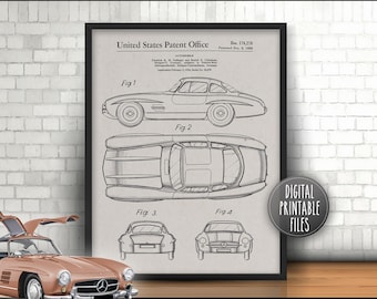 Mercedes-Benz 300SL Car Vintage Patent drawing art, Digital Printable poster, Instant download files, Personalized automobile custom print