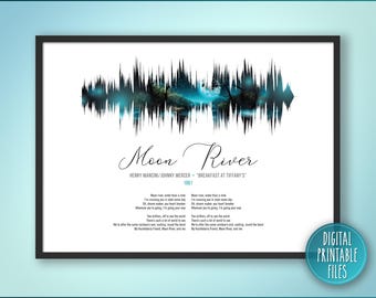 Moon River, Custom Sound Wave and Lyrics art, Printable digital, Instant download, Personalized Anniversary print, Birthday music gift