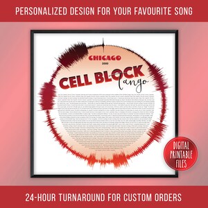 Puede incluir: Una impresión de arte digital imprimible con un diseño de ondas sonoras rojo y blanco con el texto "CHICAGO 2000 CELL BLOCK Tango" en el centro. La impresión es un diseño personalizado para una canción favorita.