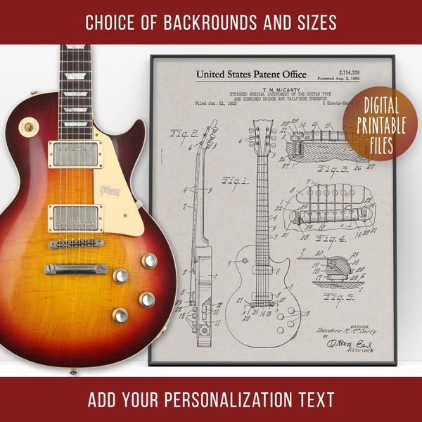 Vintage Gibson Les Paul Guitar Patent drawing Poster, Digital Printable Wall Decor, Instant download files, Custom guitarist print gift