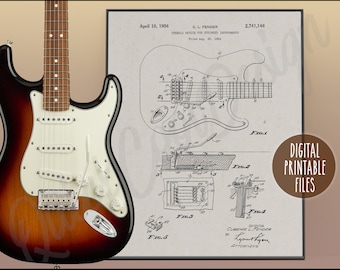 Stratocaster Guitar Vintage Patent drawing Poster, Digital Printable art, Instant download, Personalized Custom Strat print gift for him