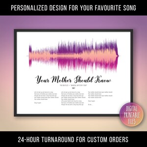 May include: A digital printable file of a song's waveform, "Your Mother Should Know" by The Beatles, with the lyrics printed below. The waveform is in shades of pink, purple, and orange. The text "DIGITAL PRINTABLE FILES" is in a circle with a pink and orange gradient.