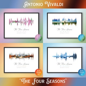 May include: Four digital printable art prints featuring sound wave art of the four seasons: Spring, Summer, Autumn, and Winter. Each print features a colorful image and the text "The Four Seasons" and "Antonio Vivaldi".