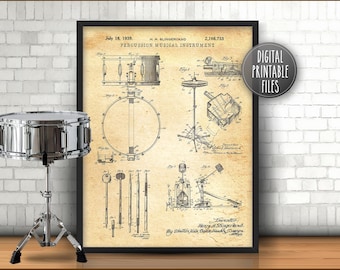 Percussion Drum Set | Patent Drawing Digital Printable art | Instant download files | Custom music wall decor print | Gift for drummer