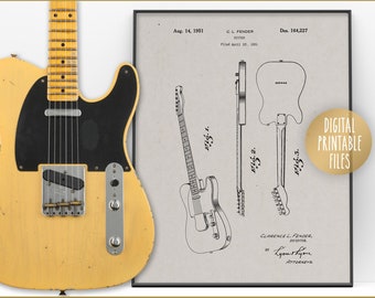 Disegno del brevetto della chitarra Telecaster d'epoca, poster digitale stampabile, file scaricabili immediatamente, stampa personalizzata per lui, regalo personalizzato