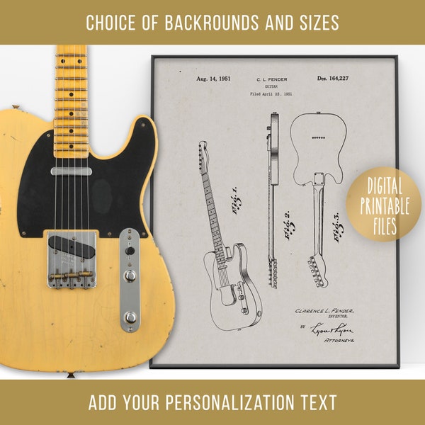 Dibujo de patente de guitarra Fender Telecaster vintage, cartel imprimible digital, archivos de descarga instantánea, impresión personalizada para él, regalo personalizado