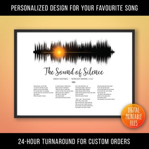 Puede incluir: Un archivo digital imprimible que presenta una gráfica de ondas sonoras en blanco y negro de la canción "The Sound of Silence" de Simon & Garfunkel. La letra de la canción está impresa debajo de la gráfica de ondas sonoras. La imagen está enmarcada en un marco negro con un paspartú blanco.