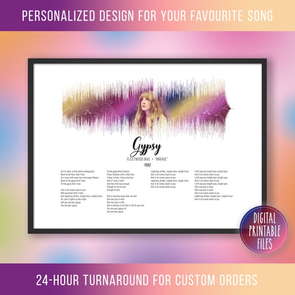 Gypsy, Custom Sound Wave & Lyrics Kunst, druckbares digitales Poster, sofortiger Download, personalisierter Jubiläumsdruck, Geburtstagsgeschenk für sie