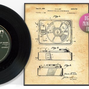 May include: A vintage black and white patent drawing of a combination sound and picture mechanism. The drawing shows a record player with a turntable, tonearm, and controls. The patent number is 2,512,724 and the inventor is Ralph M. Like. The patent was filed on November 1, 1948 and granted on June 27, 1950.