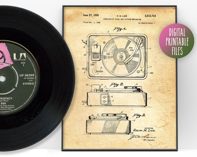 May include: A vintage black and white patent drawing of a combination sound and picture mechanism. The drawing shows a record player with a turntable, tonearm, and controls. The patent number is 2,512,724 and the inventor is Ralph M. Like. The patent was filed on November 1, 1948 and granted on June 27, 1950.