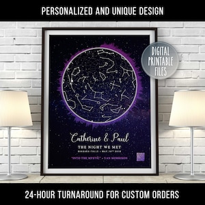 Póster de ondas sonoras de StarMap, gráfico de constelaciones personalizado, diseño digital imprimible, regalo de aniversario de primera cita, código QR de canción favorita