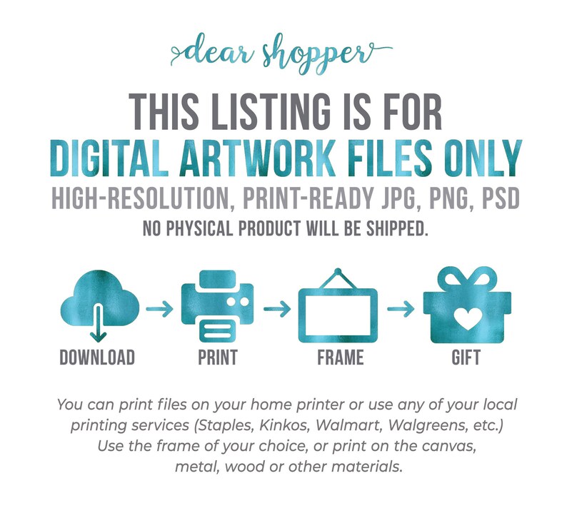 May include: A digital illustration showing the steps to download, print, frame, and gift digital artwork files. The illustration features a cloud with a download arrow, a printer, a picture frame, and a gift box with a heart. The text "This listing is for digital artwork files only" is at the top of the image. The text "High-resolution, print-ready JPG, PNG, PSD" is below the first line of text. The text "No physical product will be shipped." is below the second line of text. The text "Download, Print, Frame, Gift" is below the illustrations.