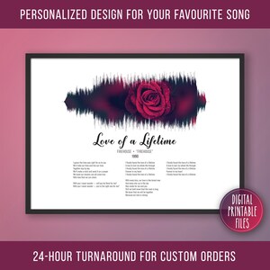 May include: A digital printable file featuring a red rose with water droplets, a sound wave, and the lyrics to the song "Love of a Lifetime" by Firehouse. The text "Love of a Lifetime" is in a bold, black font. The text "Firehouse" is in a smaller, black font. The text "1990" is in a smaller, black font. The text "Digital Printable Files" is in a white font on a black rectangle. The text "24-Hour Turnaround for Custom Orders" is in a black font.