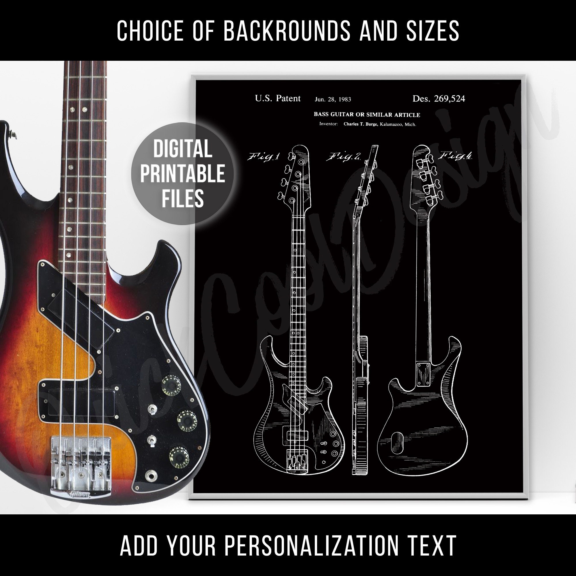 Gibson Victory Bass Vintage Guitar Patent Drawing Poster, Digital