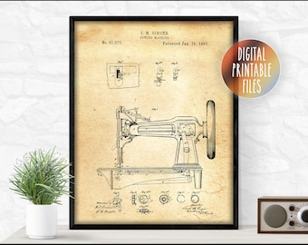 Singer Sewing Machine, Vintage patent drawing poster, Digital Printable custom art, Instant download files, Personalized print gift for her