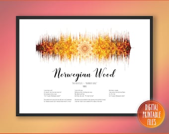 Norwegian Wood, arte personalizado con ondas sonoras y letras, impresión digital, descarga instantánea, impresión musical personalizada, decoración de pared con tu canción favorita
