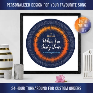 Puede incluir: Un póster digital imprimible con un diseño circular azul y naranja con la letra de la canción de los Beatles "When I'm Sixty-Four" impresa alrededor del borde. El título "The Beatles" y el título de la canción "When I'm Sixty-Four" están impresos en texto blanco sobre fondo azul. El texto "Sgt. Pepper's Lonely Hearts Club Band" y "1967" están impresos en texto blanco sobre fondo azul.