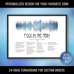 Op de afbeelding: Een digitaal printbaar bestand met een blauwe en witte geluidsgolfvisualisatie van het nummer "Fool in the Rain" van Led Zeppelin. De titel van het nummer is in zwarte tekst geschreven en de songteksten zijn onder de geluidsgolf afgedrukt. De tekst "Digitale printbare bestanden" staat in de rechterbenedenhoek van de afbeelding.