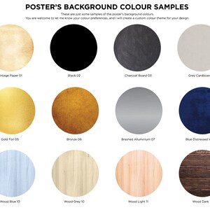 May include: Twelve different background color samples for posters. The colors include vintage paper, black, charcoal board, grey cardboard, gold foil, bronze, brushed aluminum, blue distressed wall, wood blue, wood grey, wood light, and wood dark.
