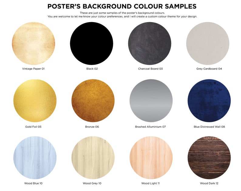 May include: Twelve different background color samples for posters. The colors include vintage paper, black, charcoal board, grey cardboard, gold foil, bronze, brushed aluminum, blue distressed wall, wood blue, wood grey, wood light, and wood dark.