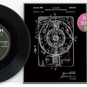 May include: Black and white vintage patent drawing of a combination sound and picture mechanism. The drawing shows a turntable with a record on it. The patent number is 2,512,724 and the date is June 27, 1950. The inventor is Ralph M. Like.