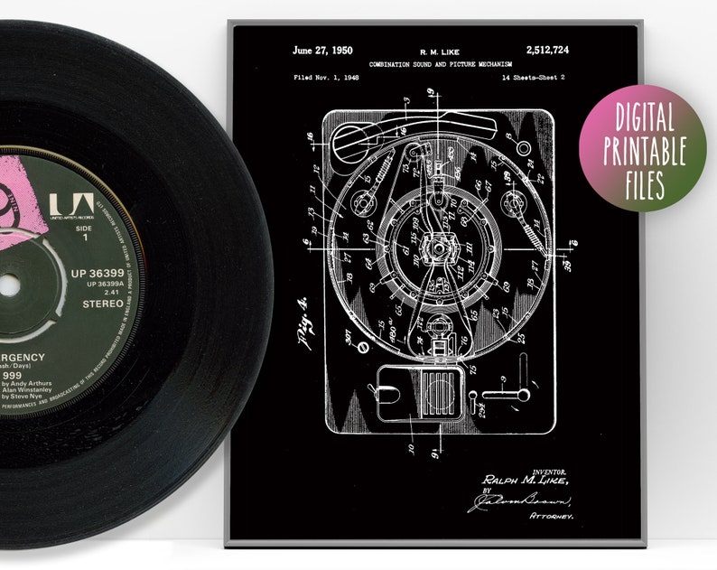 May include: Black and white vintage patent drawing of a combination sound and picture mechanism. The drawing shows a turntable with a record on it. The patent number is 2,512,724 and the date is June 27, 1950. The inventor is Ralph M. Like.