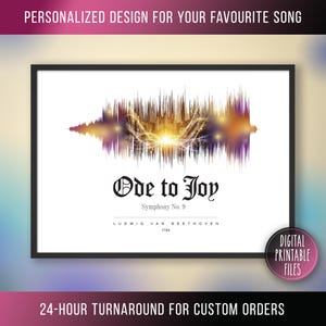 May include: A framed print featuring a colorful soundwave design. The artwork displays the text "Ode to Joy" and "Symphony No. 9" with the composer's name and the year 1785. The print is labeled "Digital Printable Files".