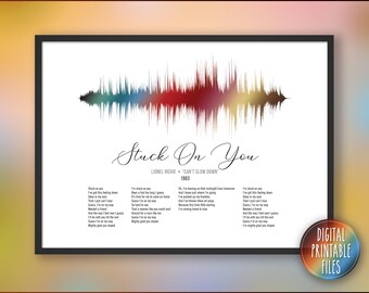 Stuck On You, Custom Sound Wave and Lyrics art, Printable digital, Instant download, Personalized Anniversary print, Birthday music gift
