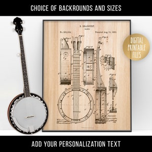 Banjo Vintage Patent drawing poster, Digital Printable instant download files, Music Instrument Wall decor print, Custom personalized gift