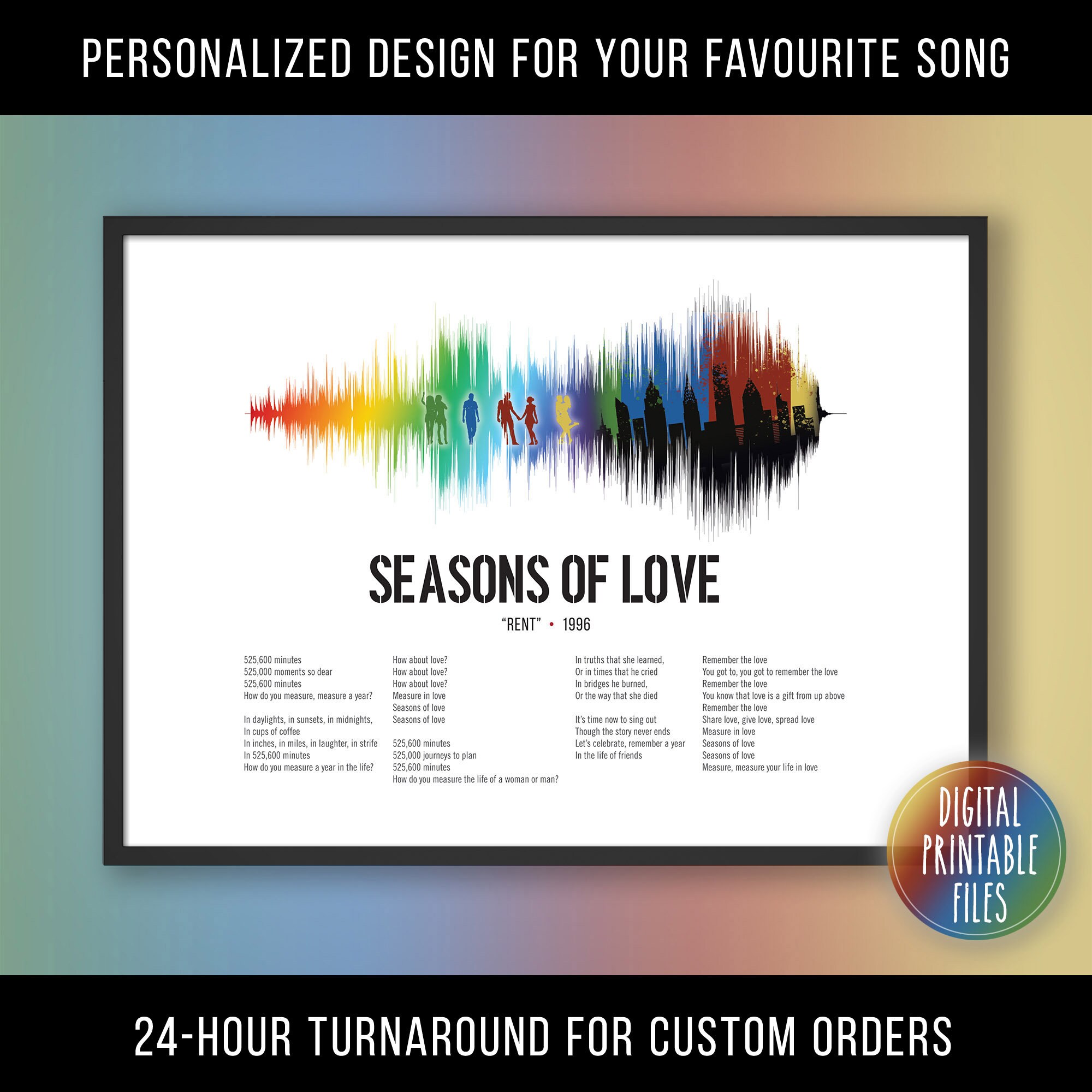 Seasons of Love, Broadway Musical Show Soundwave and Lyrics Art, Printable digital download, Personalized gift for friend, Custom song print