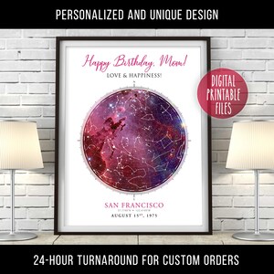 Regalo para mamá, arte de mapa de constelación de estrellas de cumpleaños, póster imprimible digital personalizado, gráfico de galaxia personalizado, impresión de descarga instantánea