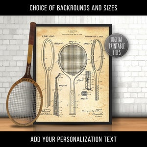 May include: A vintage black and white patent drawing of a tennis racket. The drawing is on a beige background with the patent number 1,381,050 and the date June 7, 1921. The text "Digital Printable Files" is in a white box with a black border in the upper right corner of the image.