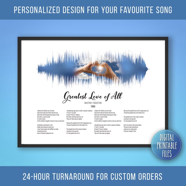 Greatest Love of All, Custom Sound Wave Lyrics art, Printable digital, Instant download, Personalized Birthday print, Favourite song poster