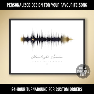 May include: A digital printable art print featuring a black and gold sound wave with a small gold heart. The text "Moonlight Sonata" is written in cursive below the sound wave, with the composer's name "Ludwig van Beethoven" and the year "1801" written in a smaller font below the title.