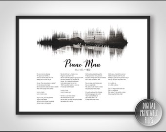 Piano Man, Custom Sound Wave and Lyrics art, Printable digital, Instant download, Personalized Birthday print, Gift for him, Music poster