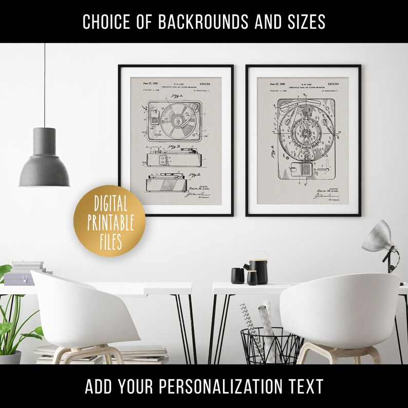 May include: Two black framed prints of vintage record player patent drawings on a white wall. The drawings are in black and white and show the different parts of the record player. The text on the drawings includes the patent number and date. The prints are hanging above a white desk with a white chair and a black lamp.