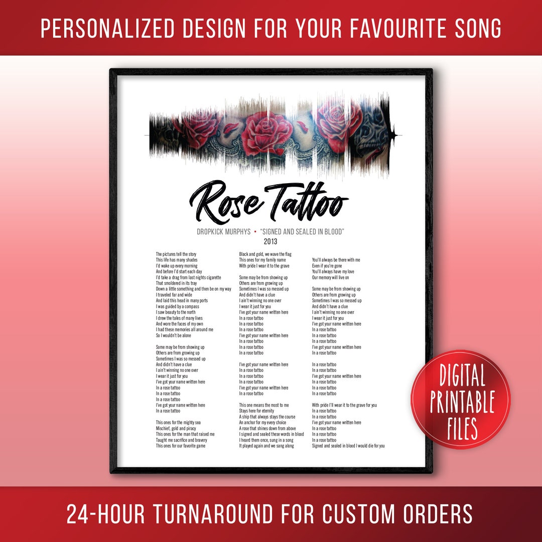 Rose Tattoo, Custom Sound Wave and Lyrics Art, Printable Digital Files ...