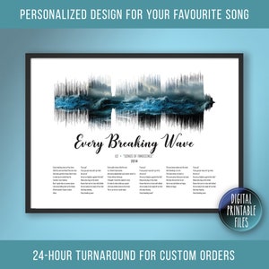 Może przedstawiać: Cyfrowy plik do wydruku z grafiką tekstu piosenki z utworem "Every Breaking Wave" zespołu U2. Grafika przedstawia falisty wzór, który symbolizuje falę dźwiękową utworu. Tekst piosenki jest wydrukowany pod falą.